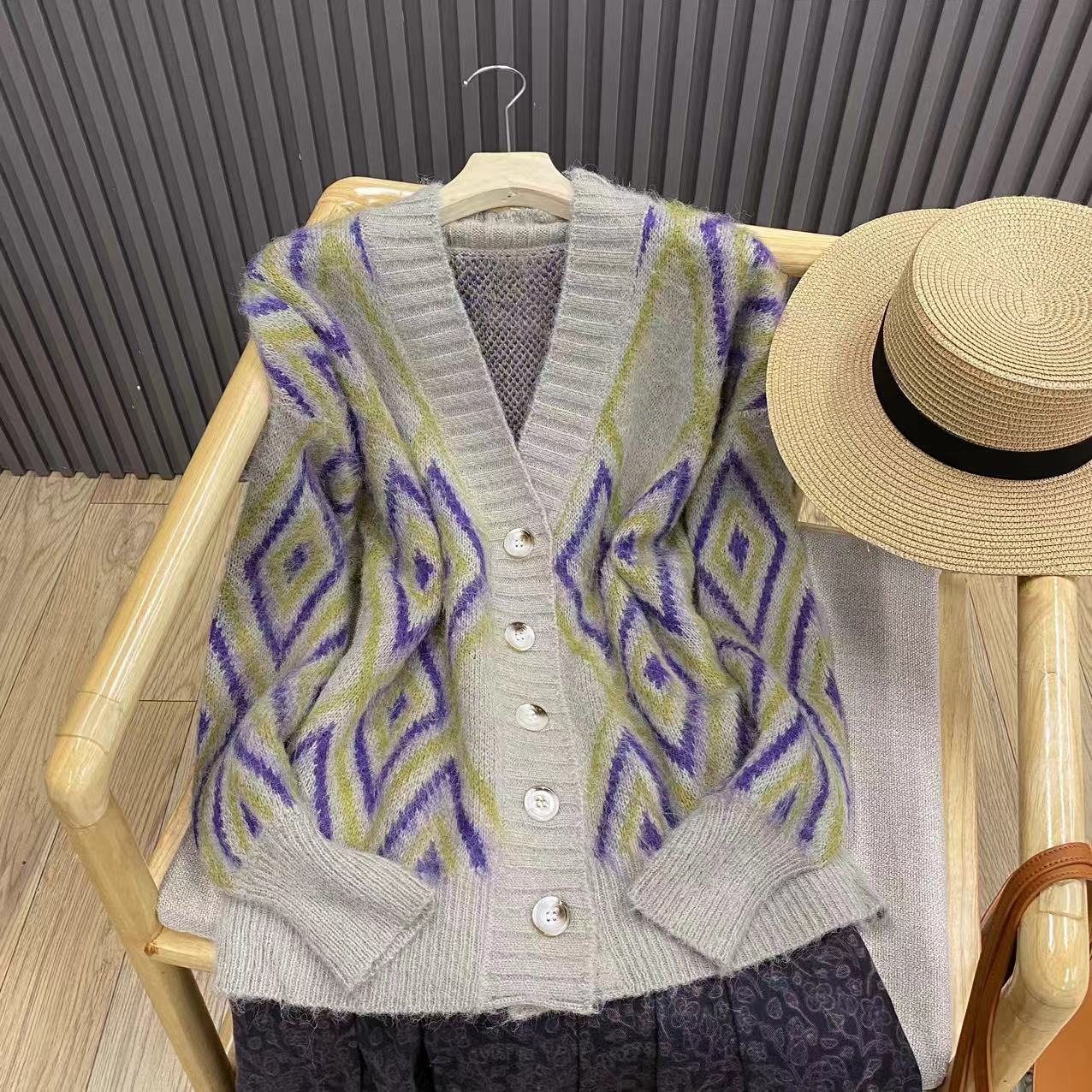 复古菱格马海毛针织开衫慵懒风V领宽松百搭秋冬毛衣外套女Z9192