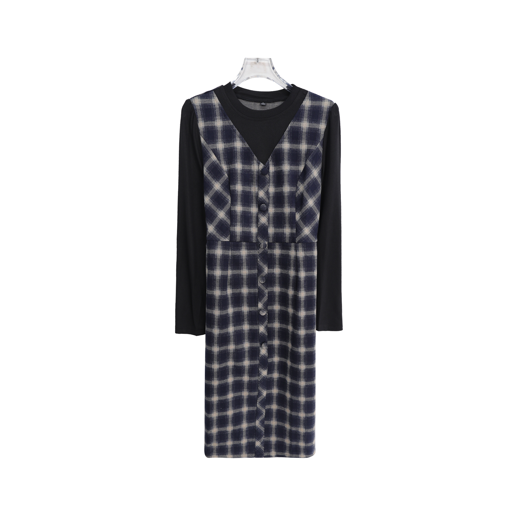 圆领格纹复古宽松拼接气质单排扣连衣裙S3536