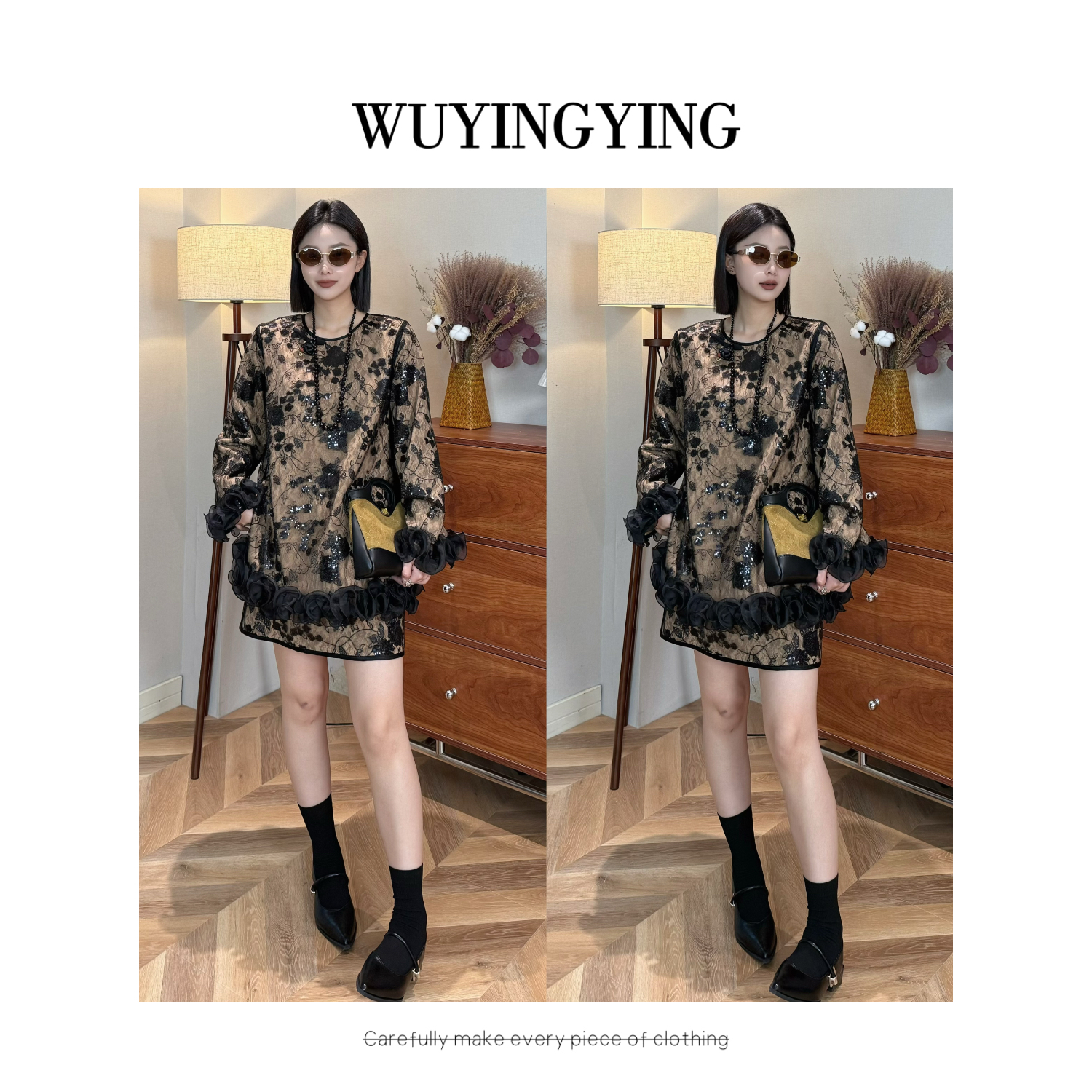  WUYINGYING【秋水煮茶】早秋重工蕾丝刺绣花朵拼接上衣YYYC250906