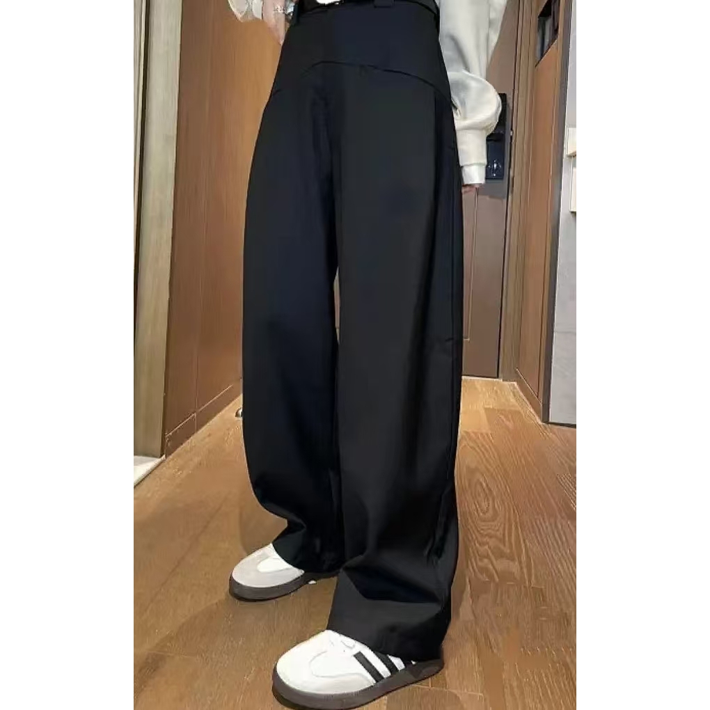 （王美丽）早春叠褶腰贴双拉链欧货高腰搭垂感宽松休闲裤9959