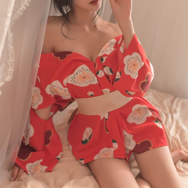 长袖薄款宽松性感长款V领睡裙家居服红色连体大码女长裙镂空印花