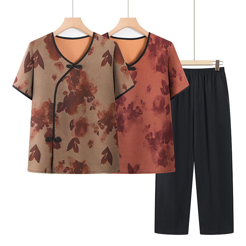 奶奶夏季套装中老年妈妈短袖上衣老太太夏装两件套老人夏季衣服女