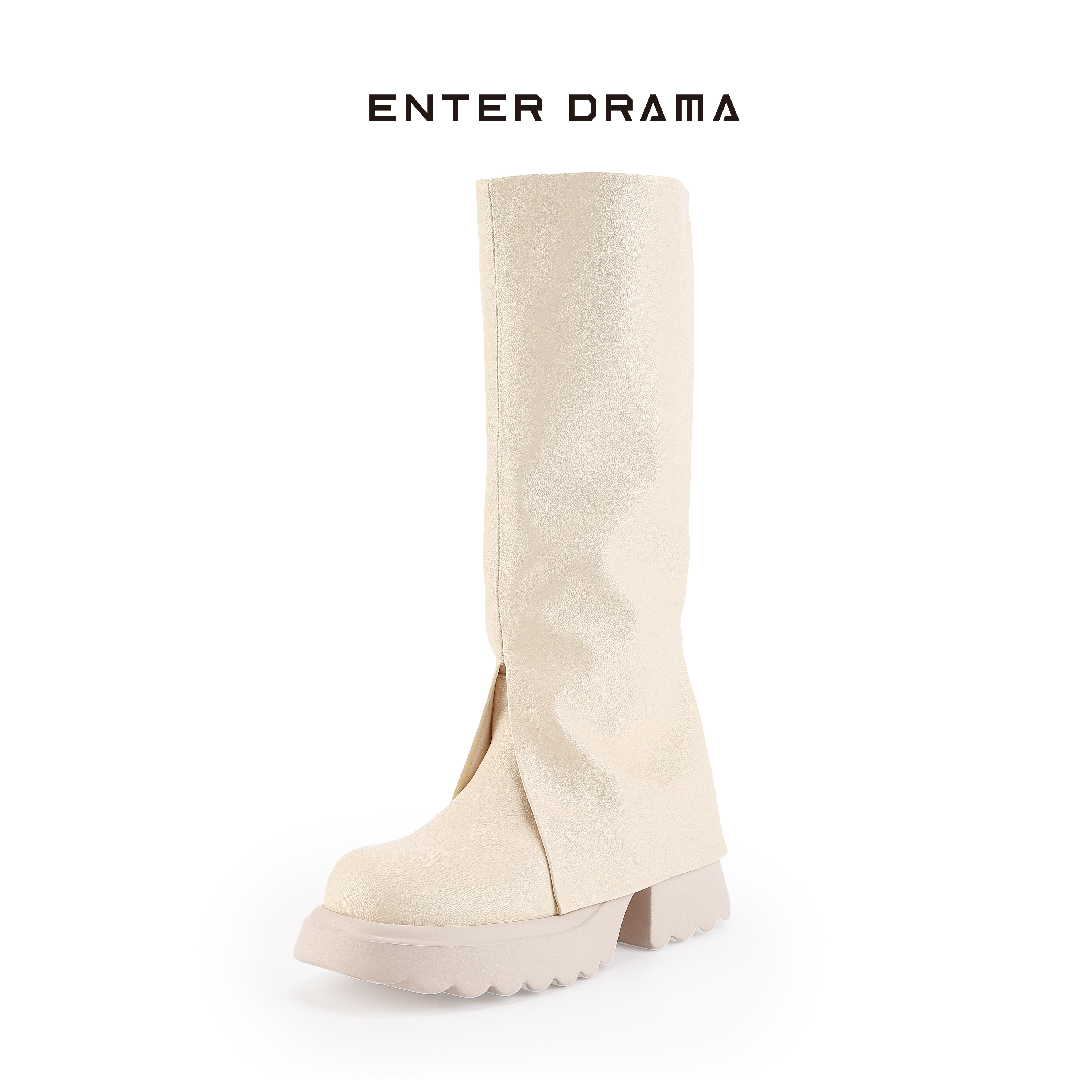 ENTER DRAMA休闲时装靴中筒靴时尚百搭粗跟增高厚底假两件裤管靴