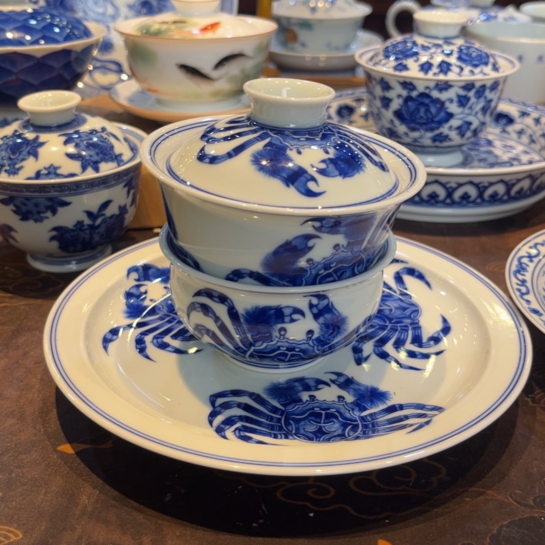 麻*青花螃蟹盖碗壶承杯子