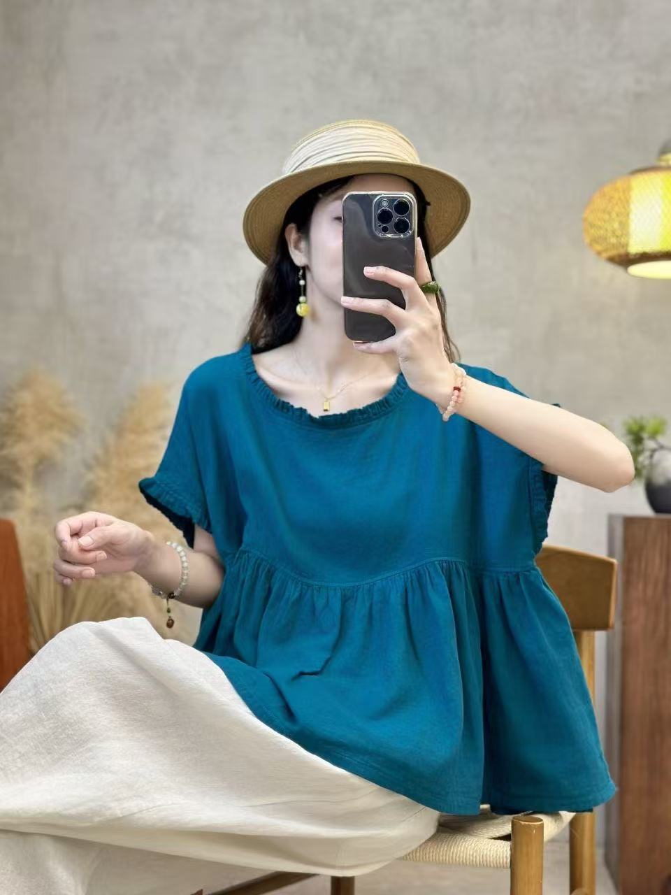 青禾-夏季气质时尚宽松纯棉双纱木耳领娃娃衫JX6