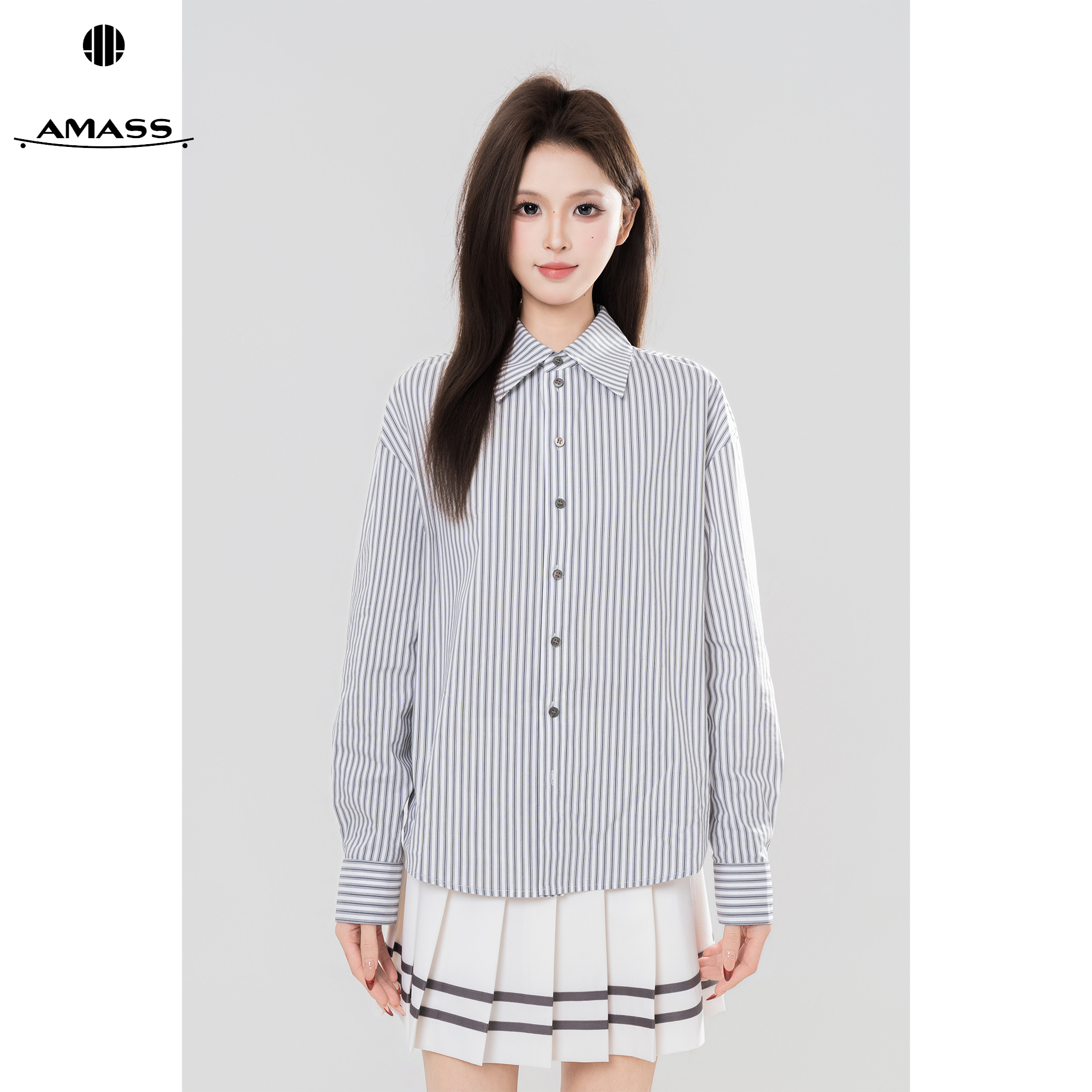 AMASS/阿玛施早春新款时尚休闲气质百搭通勤质感竖条纹衬衫530164