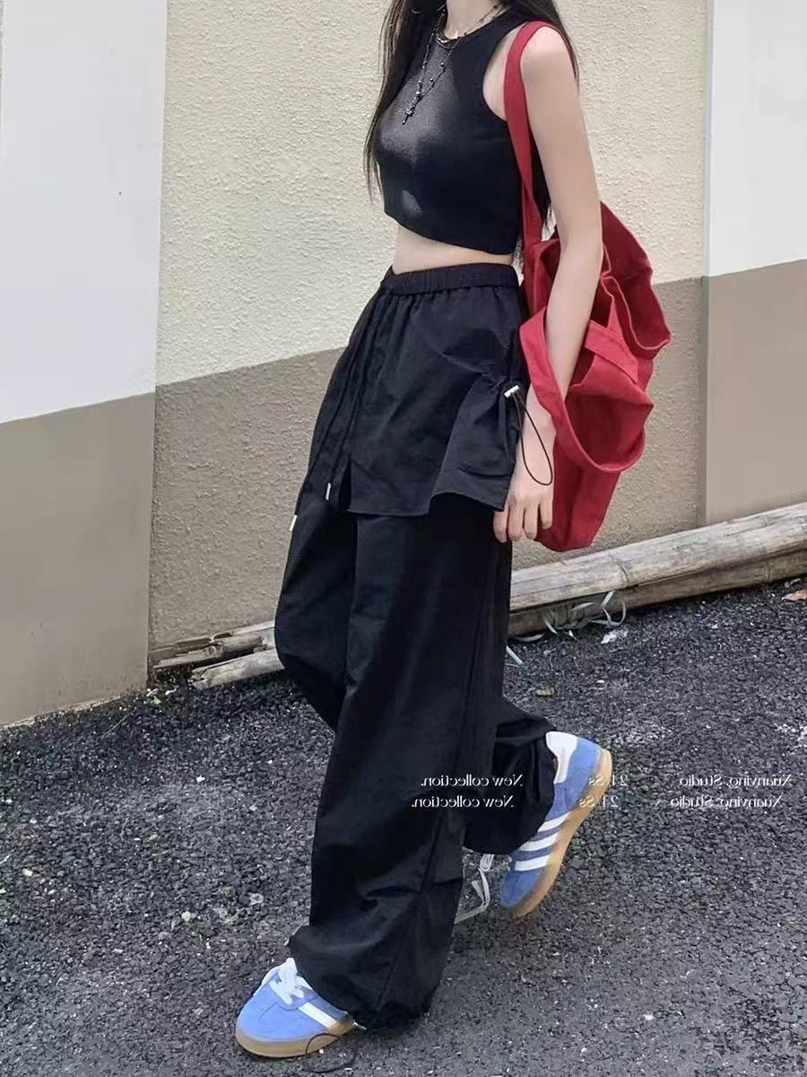 新款假两件设计感工装裤女秋季新款拼接抽绳长裤