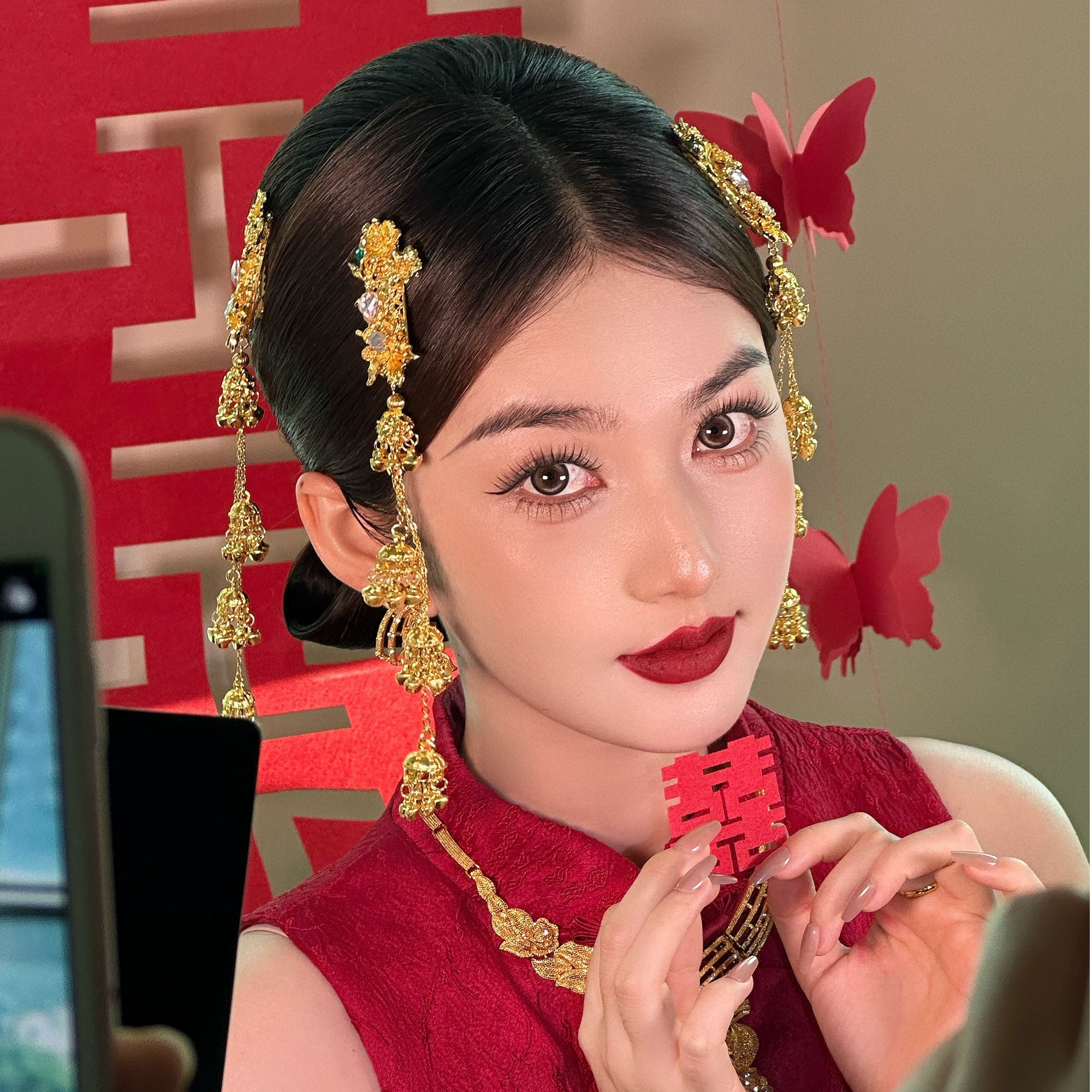 水舞U2076金色新娘流苏边夹易梦玲同款民族风马面裙发夹秀禾头饰