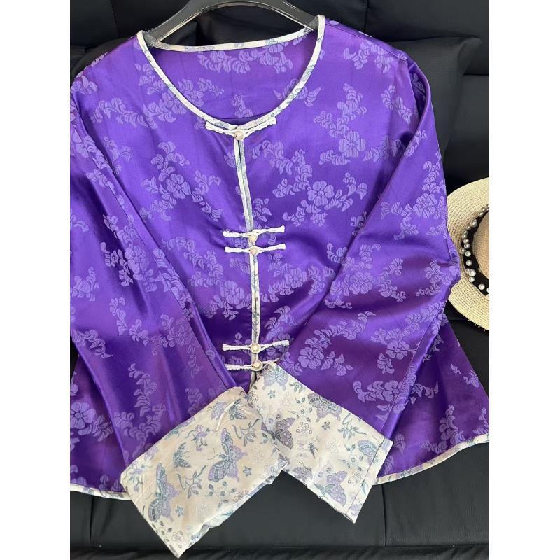 圆领拼接适中薄款提花长袖短外套中国风上衣斜襟唐装新中式01时尚