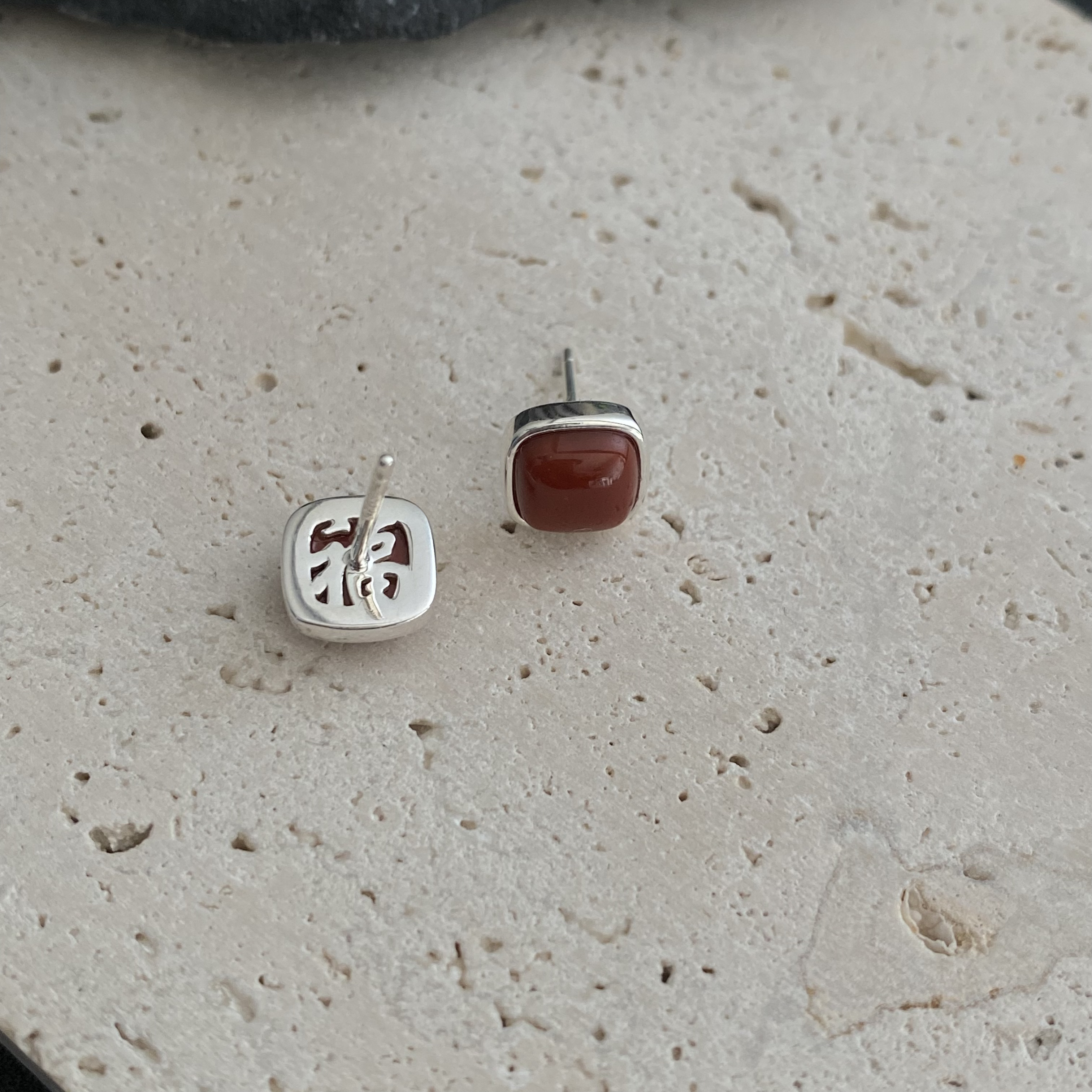 方形福报南红耳钉C2399新年款国潮时尚喜庆