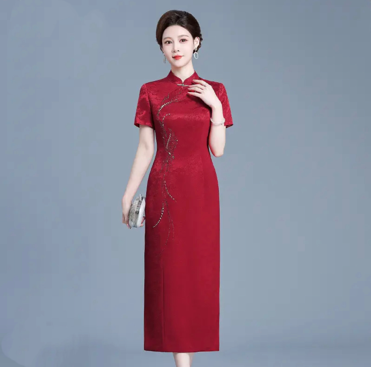 喜婆婆婚宴装醋酸镶钻年轻款高端连衣裙结婚礼服妈妈改良旗袍裙子