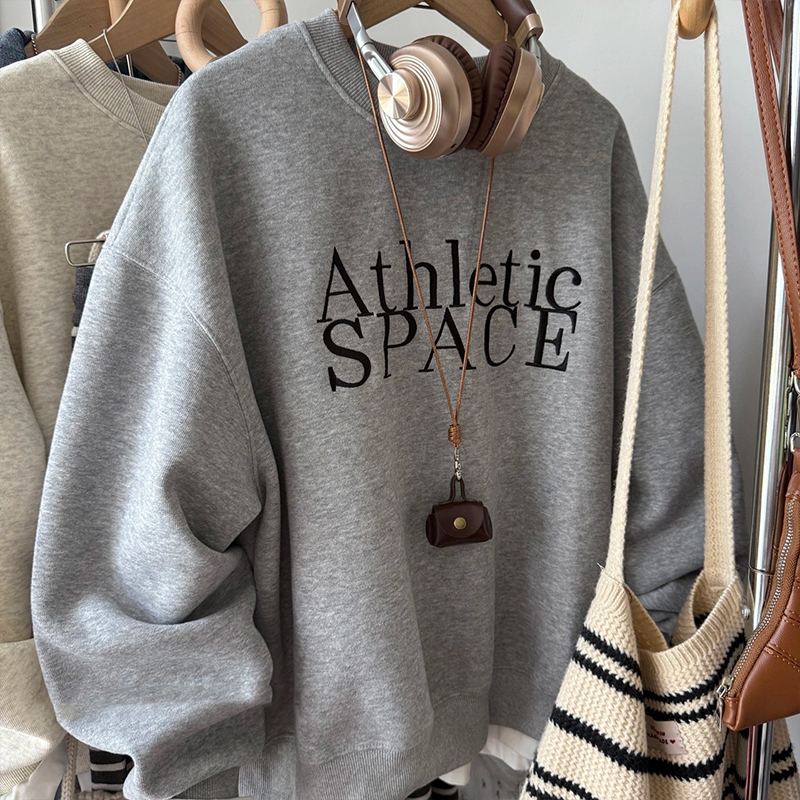 韩系加绒印花字母宽松200斤大码显瘦上衣秋冬圆领小个子胖mm卫衣