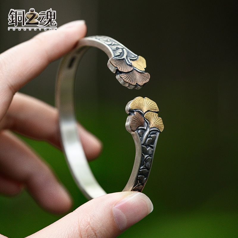 足银手镯 金色年华足银999嵌金手镯女款手工錾刻复古民族风送妈妈