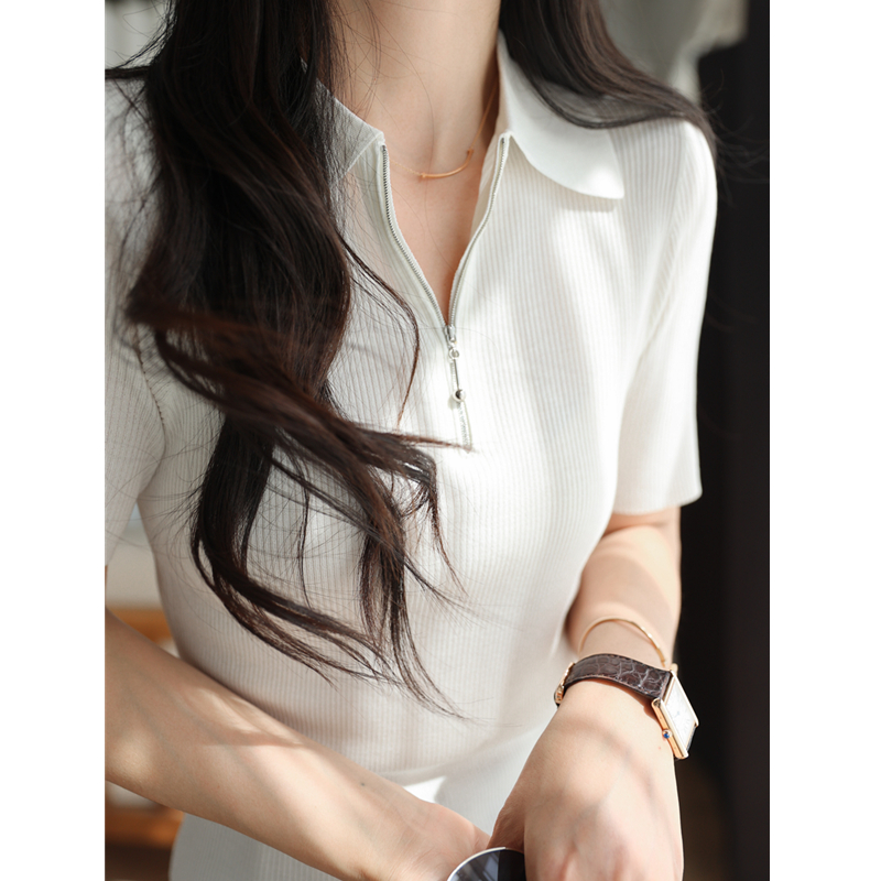 雕刻身型！超显瘦！莱赛尔细坑条半拉链翻领针织T恤上衣女夏休闲