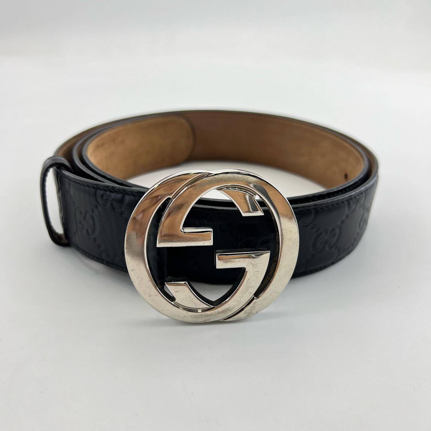 95新 GUCCI/古驰 115cm×4cm/黑色双G标识皮革腰带/15102033