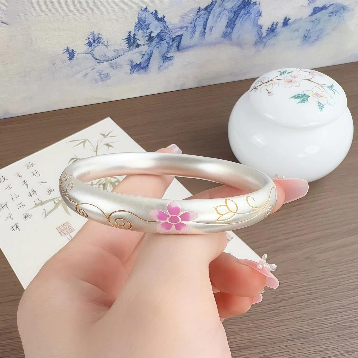 「桃花运」足银9999珐琅桃粉手镯半空心古法新中式镯子送礼物
