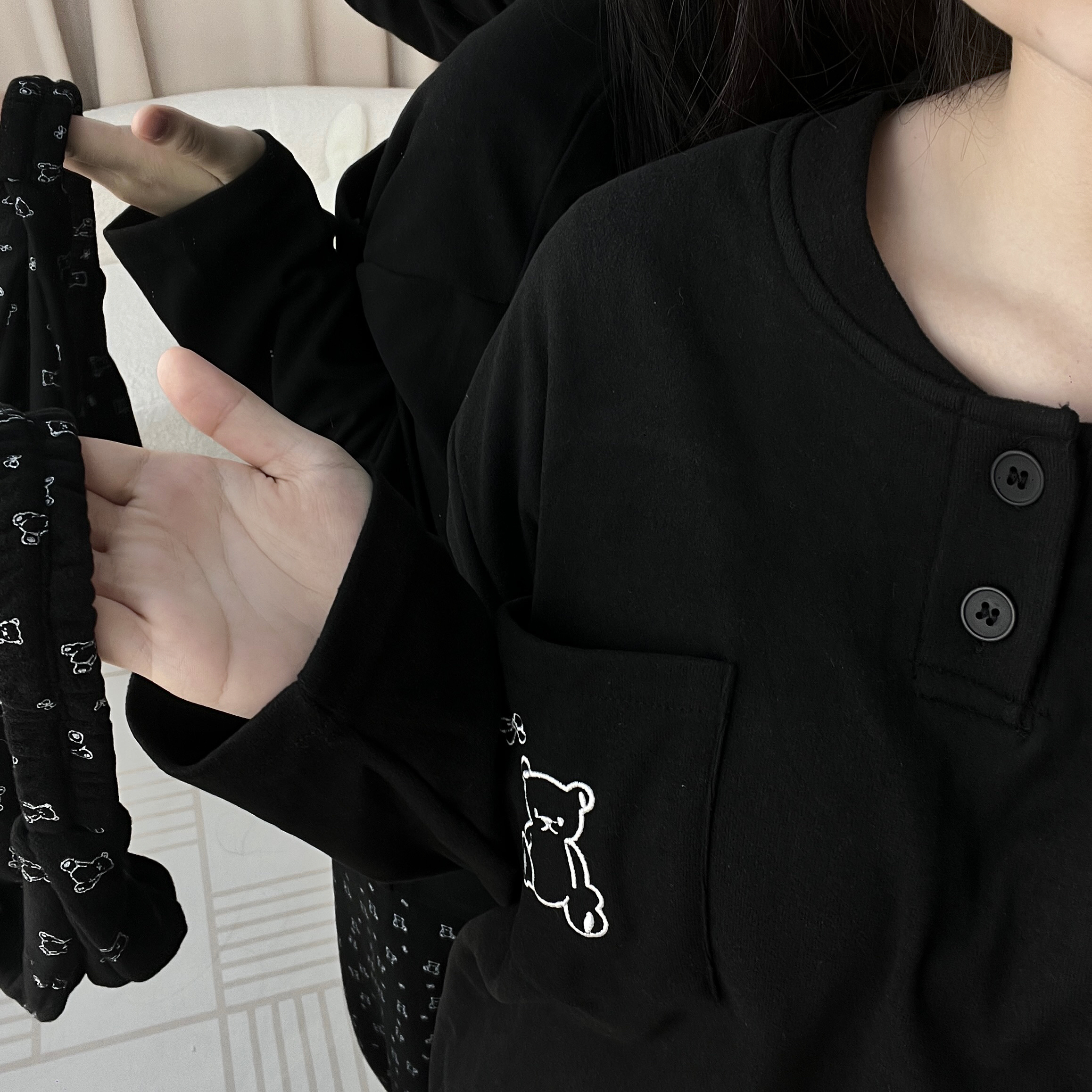德绒保暖加厚少女睡衣长袖秋冬款套头百搭可外穿带胸垫家居服套装