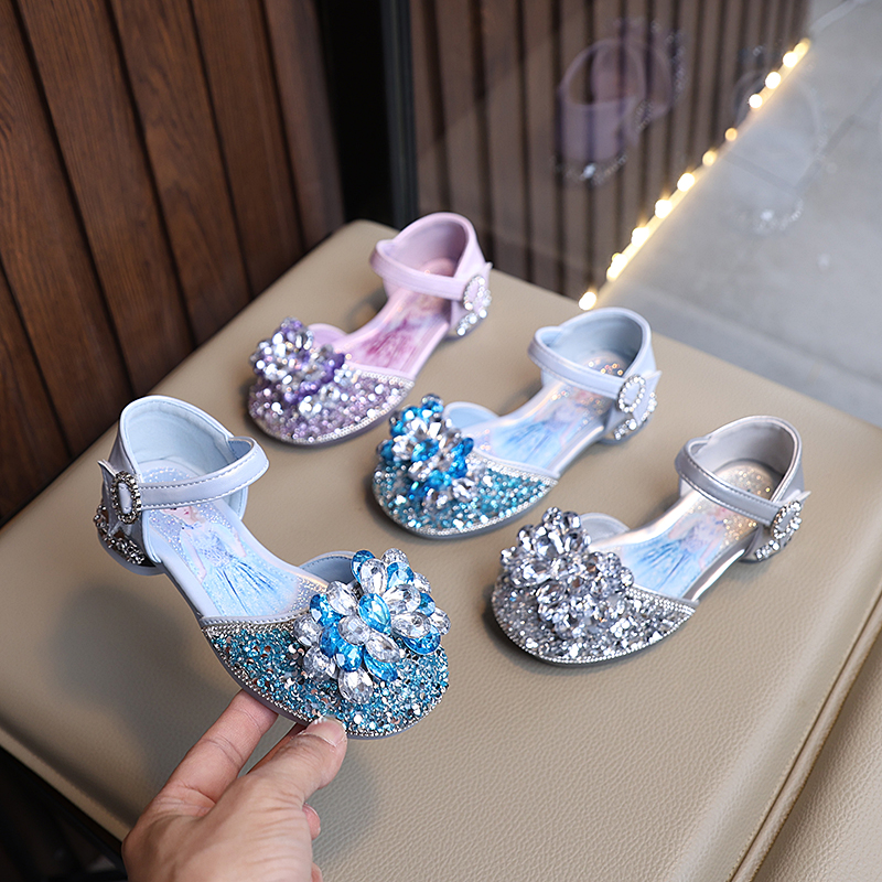 爱莎公主鞋女童凉鞋时尚水晶花鞋子2025年夏季新款儿童包头高跟鞋