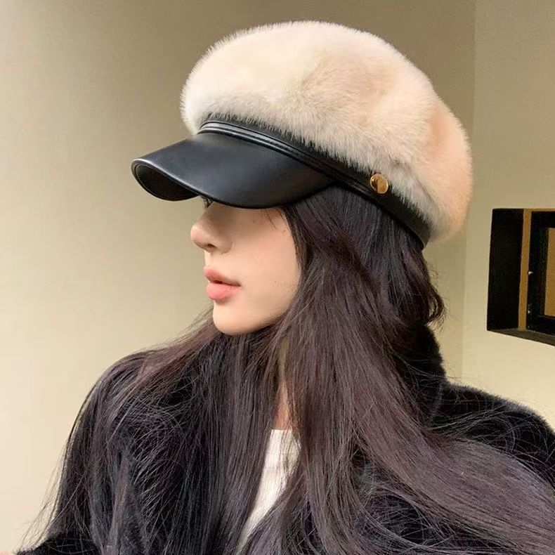 新款八角帽子女冬季貂韩版百搭加厚出游保暖抗寒显脸小PU贝雷帽