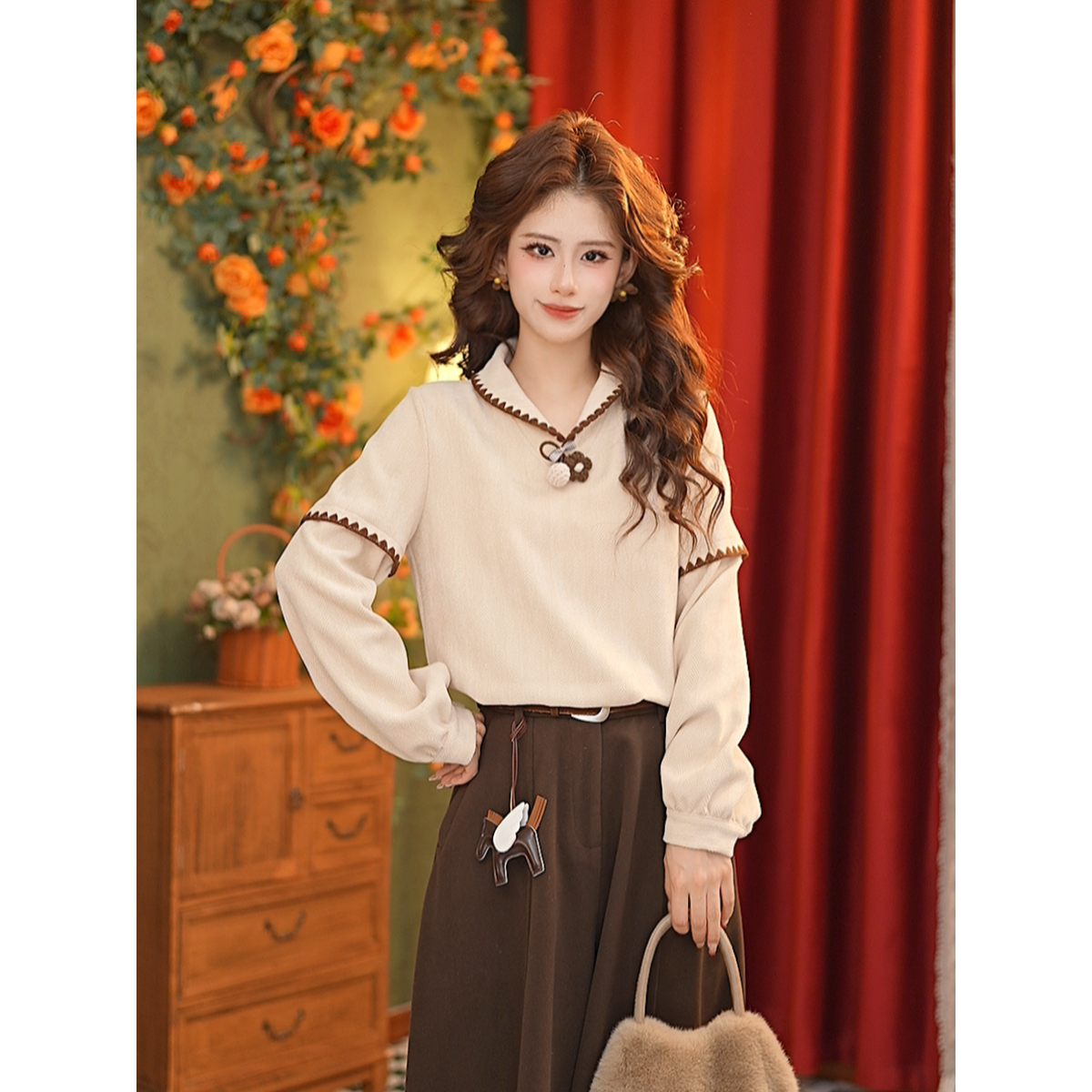 DaYuanSAD小小复古撞色假两件长袖上衣女内搭叠穿针织衫#S15032