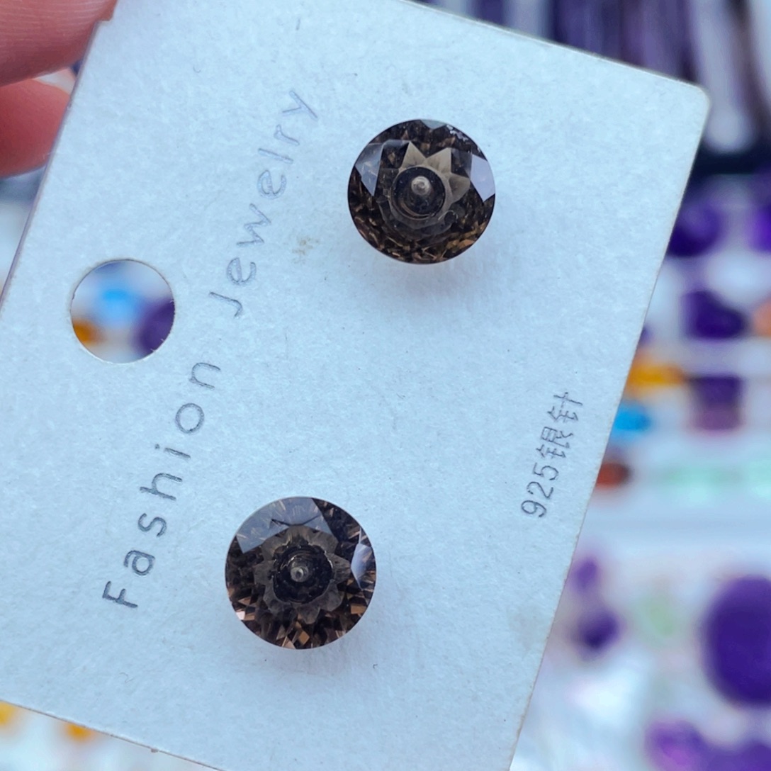 水晶工厂精品天然茶水晶耳钉银S925镶嵌