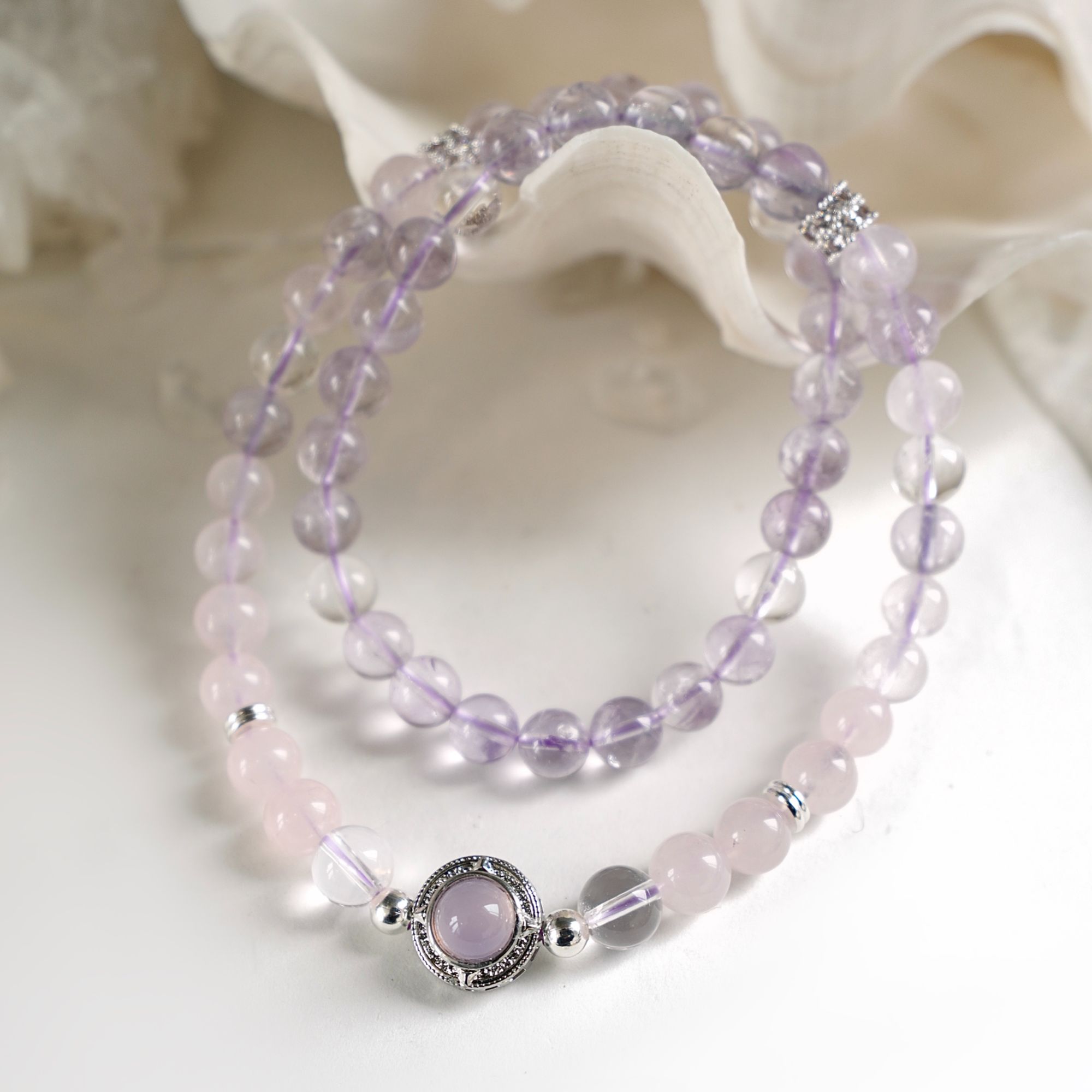 【秘语蔷薇】现三绕紫水晶粉水晶手串项链权威检测石验室