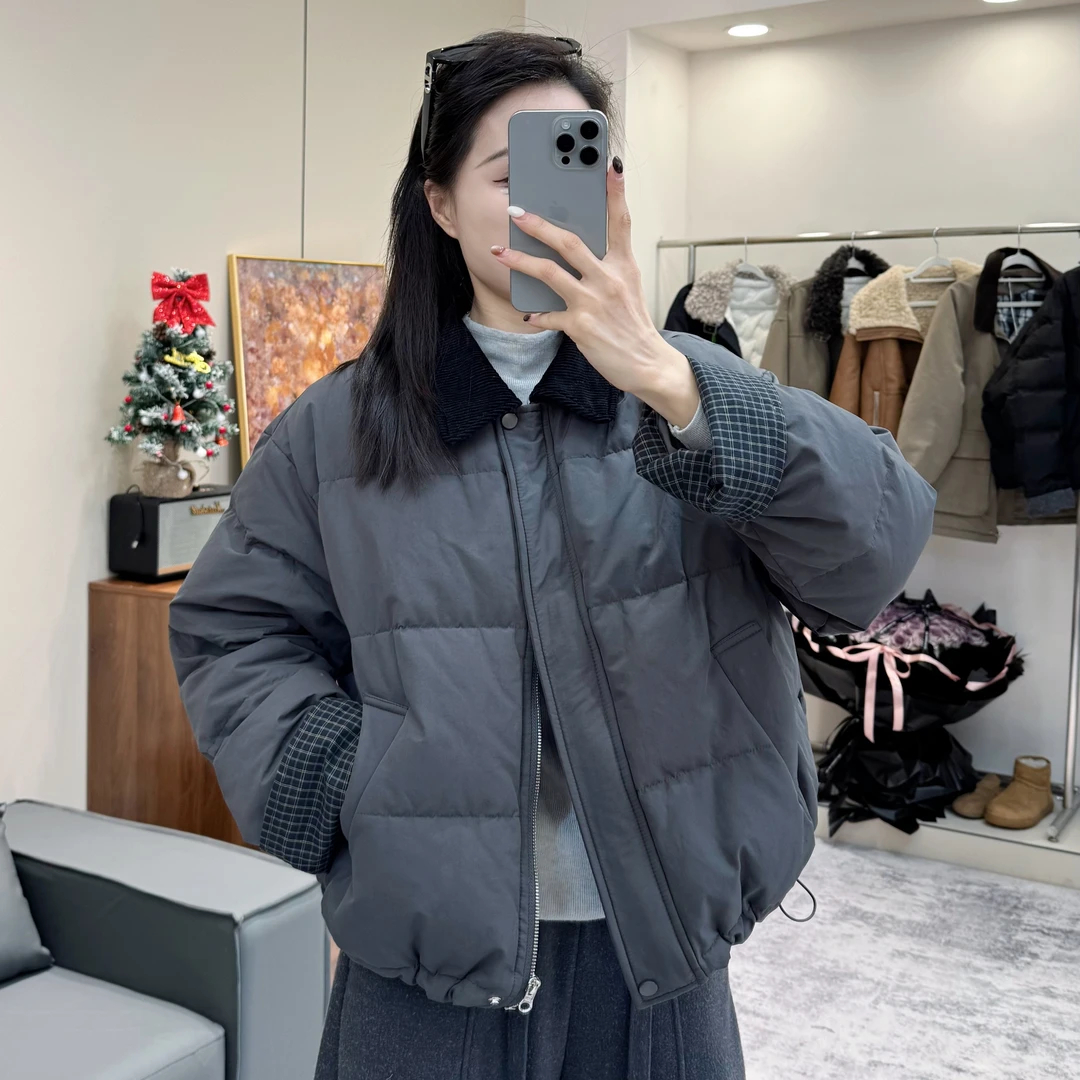 小众设计款拼接短款翻领棉服女2025冬季新款时尚宽松显瘦保暖外套