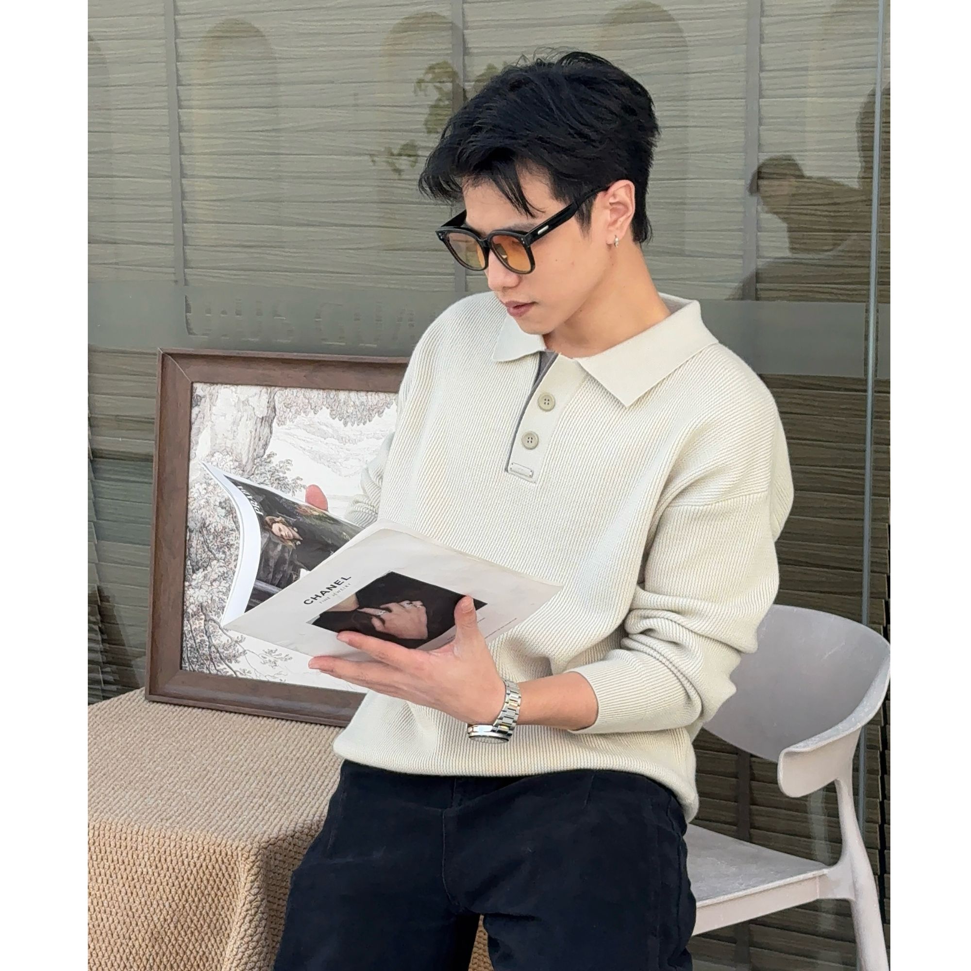 SATTVA 25/fw 极简高级感拼色POLO领羊毛男士毛衣针织衫上衣 