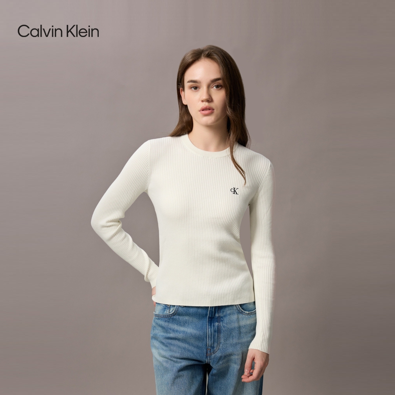 CK Jeans25秋季新款女士刺绣罗纹修身圆领内搭针织衫毛衣