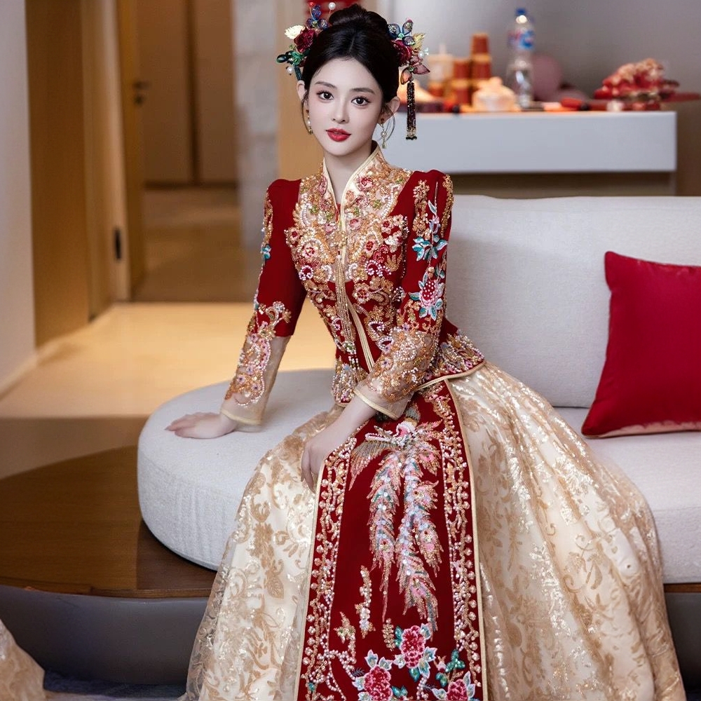 秀禾服2025年新款新娘结婚服高端敬酒服丝绒修身中式嫁衣出阁服夏