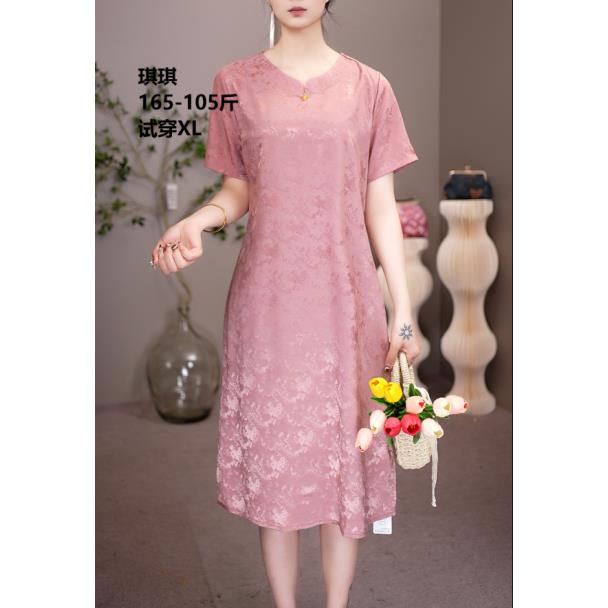 2021  圆领花罗时尚直筒遮肚子连衣裙