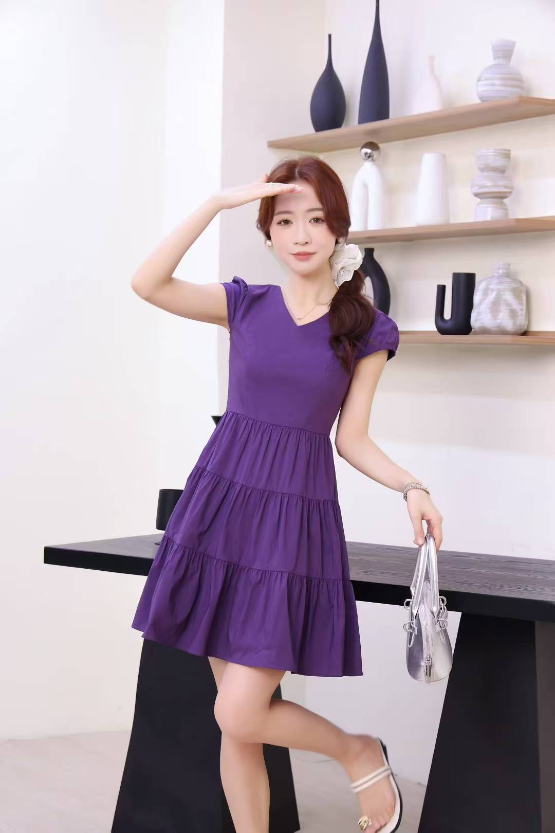 夏季方领包袖碎花女装短袖连衣裙法式时尚设计师裙子