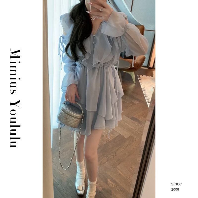 【mimius】&游鹿鹿减龄荷叶边露肩收腰连衣裙 G02017