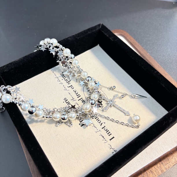 铜合金仿珍珠项链 多星星流苏十字项链XL3812