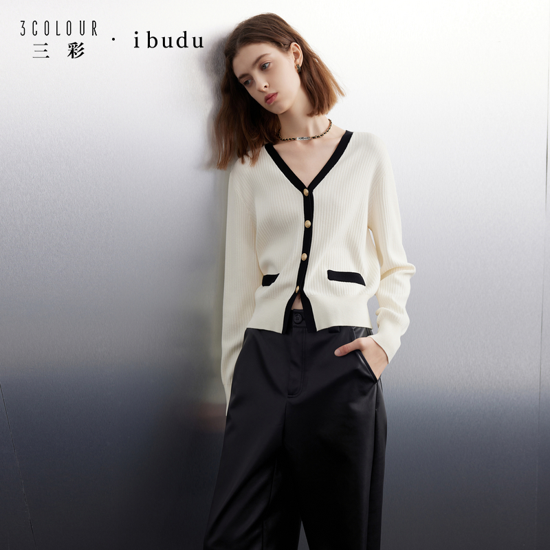 三彩ibudu2025秋季新款撞色针织衫坑条毛衫V领开衫女