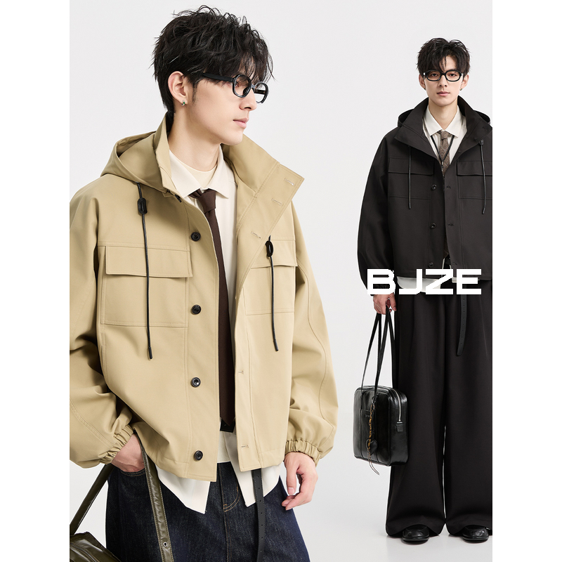 [短款工装夹克]BJZE秋季户外冲锋外套休闲宽松连帽上衣男B531434