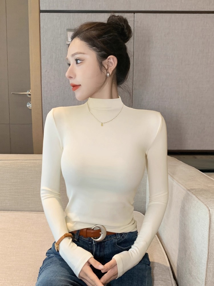 磨毛德绒半高领打底衫女秋冬内搭2025年新款修身长袖加绒洋气T恤