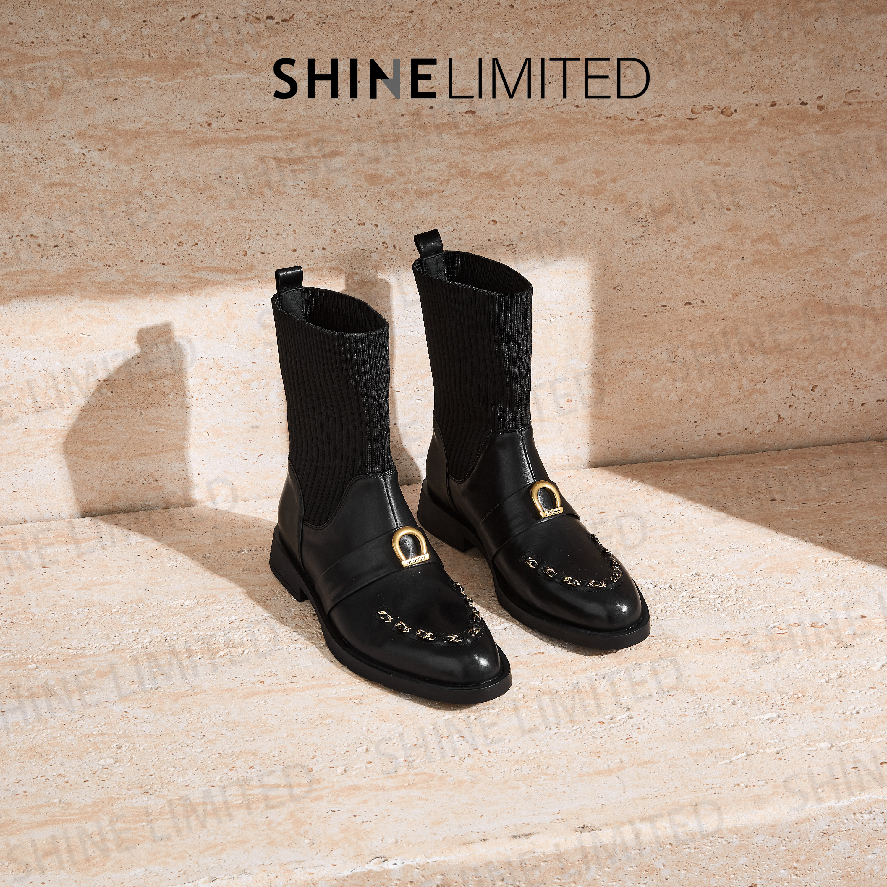 SHINELIMITED2025新款欧洲站秋冬胎牛版拼接针织弹力短靴女G2788