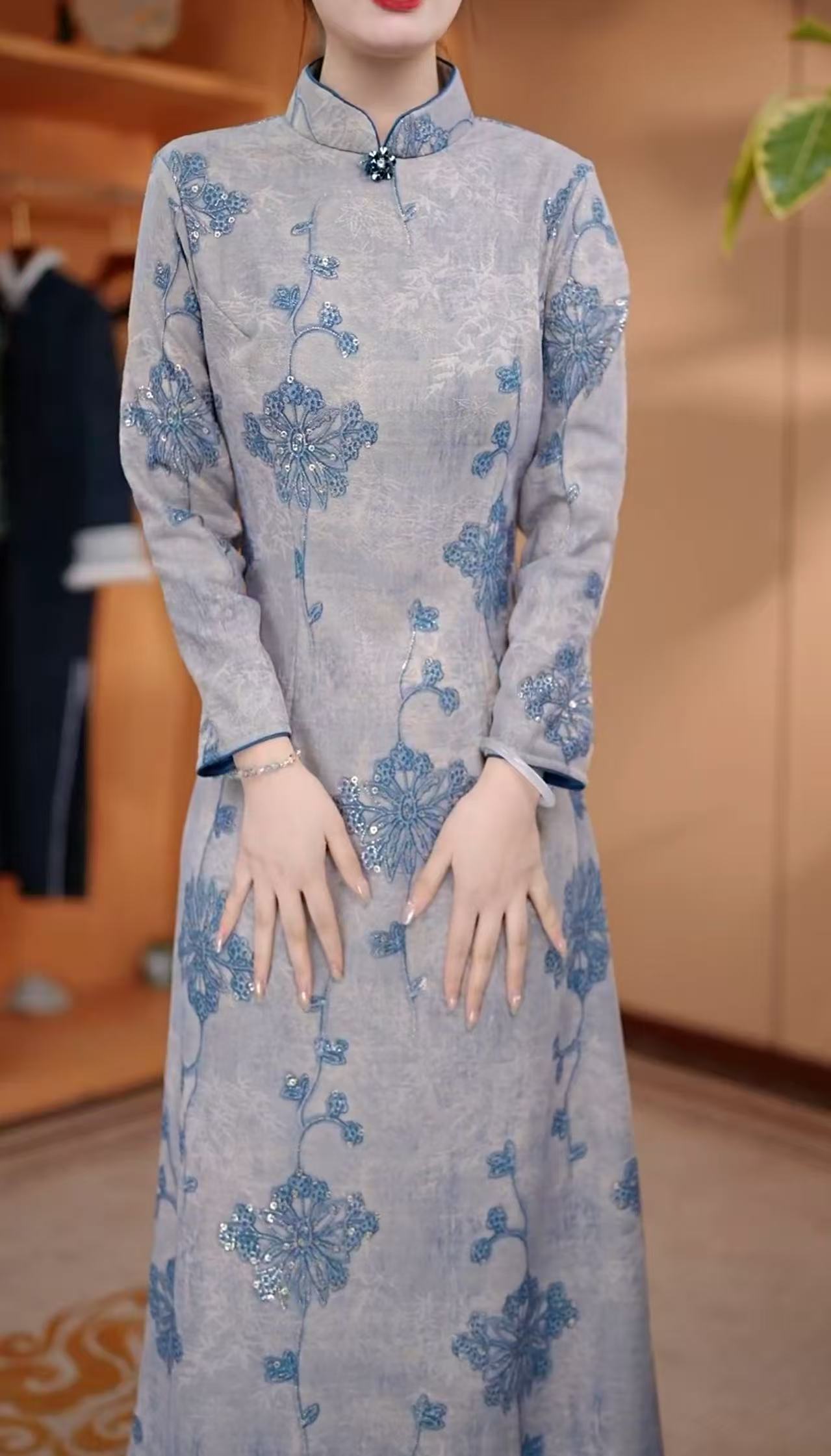 春娇 日常气质显瘦文艺优雅复古奥黛改良长款旗袍