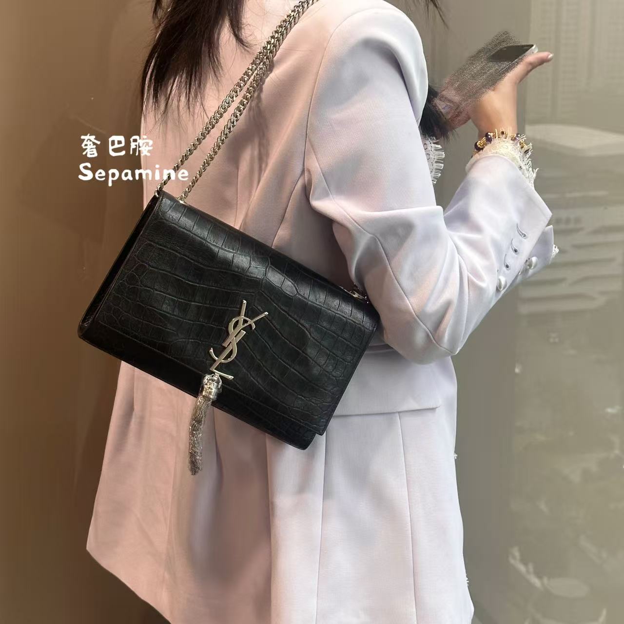 95新 YSL/圣罗兰 /鳄压纹/黑色/流苏链条包