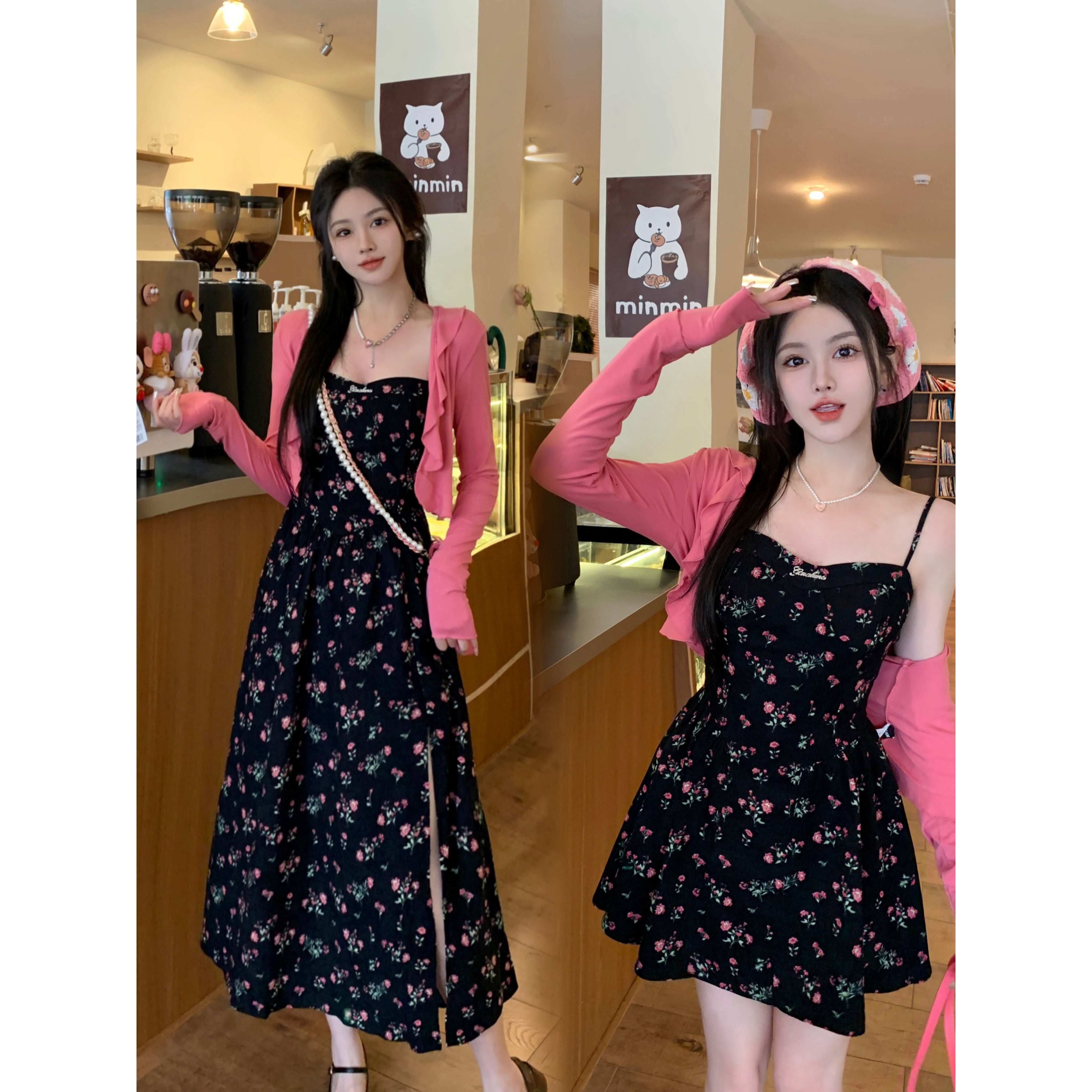 2025春季新款法式温柔风碎花吊带长短款连衣裙开衫两件套W1780