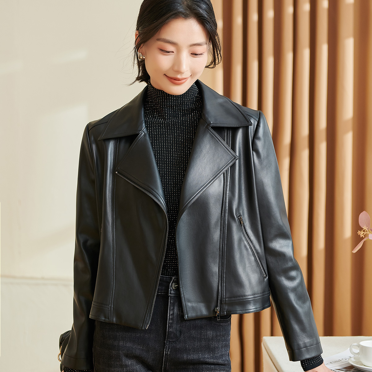 【海燕专属】设计感港风pu皮衣外套百搭女正肩宽松外套5R24AW0487