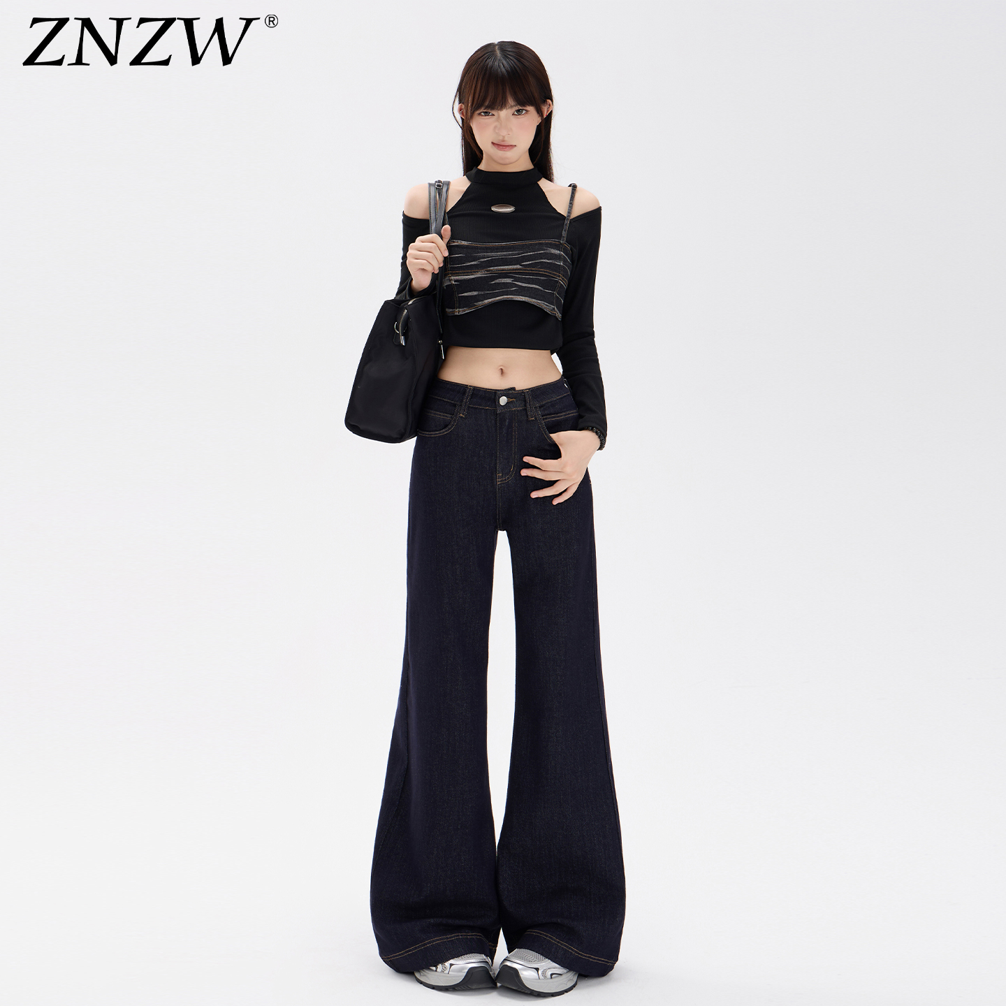 ZNZW美式丹宁蓝牛仔裤女2025秋季新款高腰加绒显瘦微喇直筒裤女