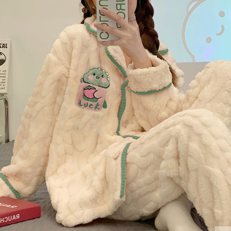 【马卡龙】奶萌可爱恐龙法兰绒睡衣女冬季加绒加厚保暖家居服套装