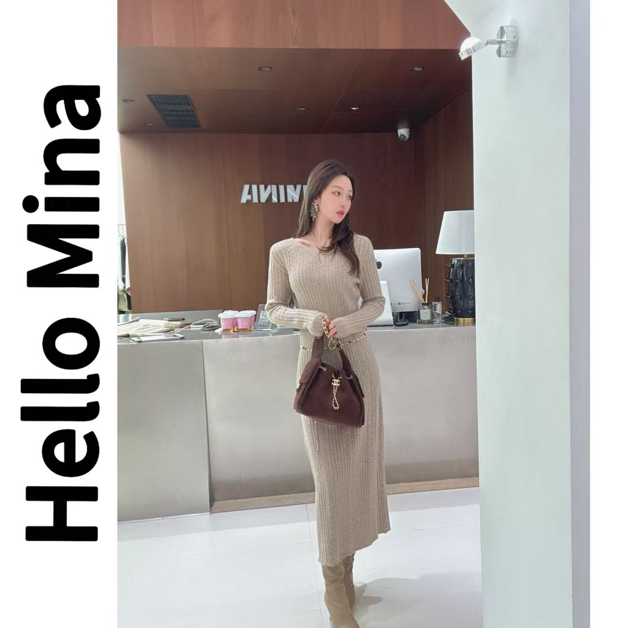 60231新款V领针织绑带麻花长袖连衣裙