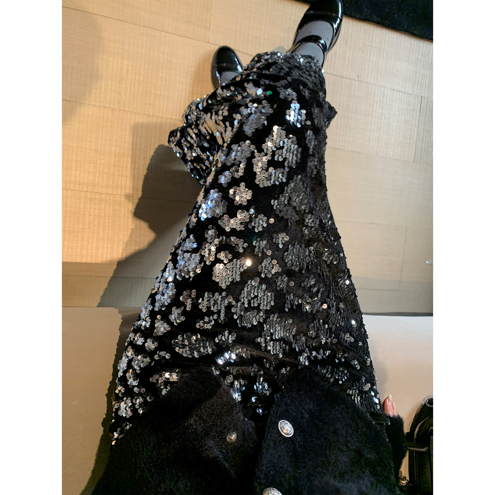 pusumede 璀璨氛围感 重工亮片丝绒半身裙女高腰气质包臀鱼尾裙