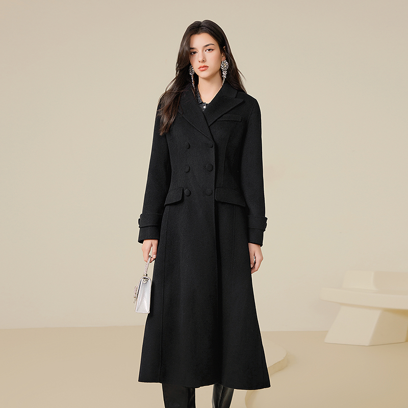 芭蒂娜100%羊毛大衣女冬季黑色洋气气质毛呢外套654A093
