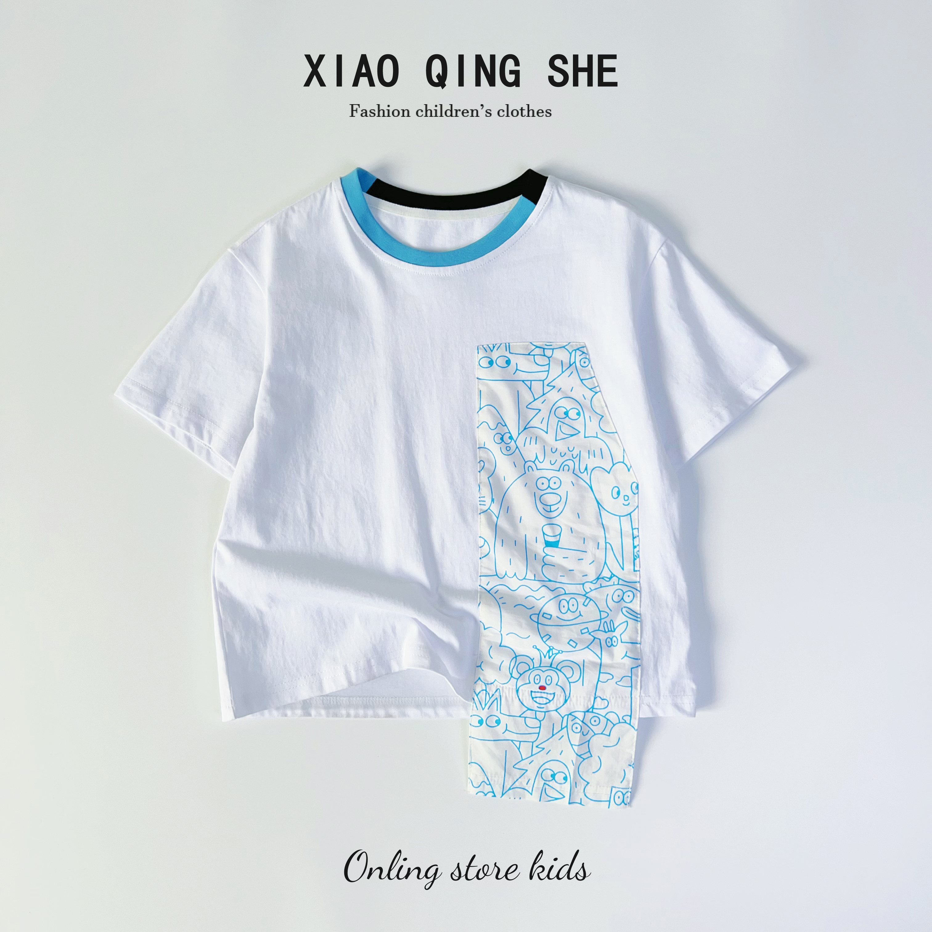 （晓倾奢现货）儿童夏季新款纯棉短袖T恤白色个性拼接半袖圆领135Y 