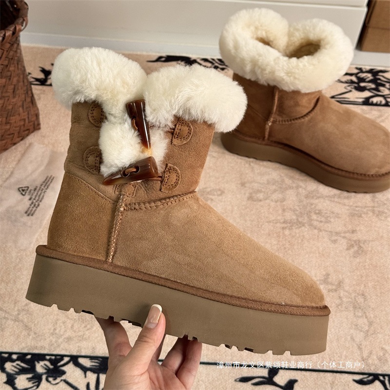 桑坡厚底雪地靴皮毛一体2025新款冬季高筒保暖毛毛靴子女靴子女长