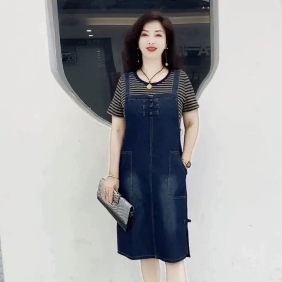 夏季新款薄款休闲假两件牛仔连衣裙背带裙子女装假两件连衣裙
